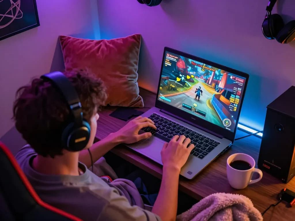 Playing an NSFW game on a laptop in a stylish gaming nook with colorful graphics.