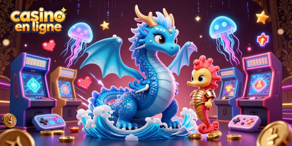 Vivez l'excitation des casinos en ligne avec un dragon aquatique et des machines à sous colorées.