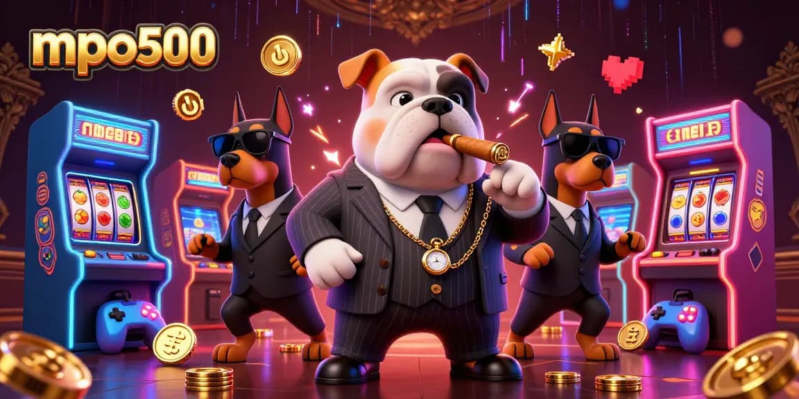 Play exciting games at mpo500 with a vibrant illustration of a mafia boss and Dobermans in a casino.