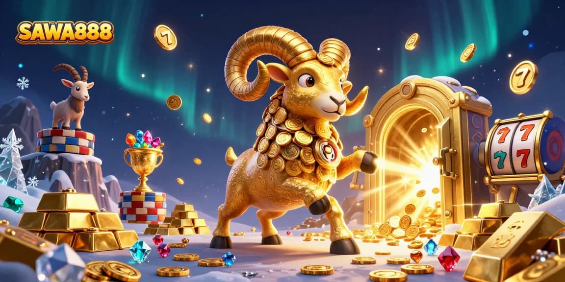 SAWA888 showcases a lively scene with a golden ram charging at a treasure vault, surrounded by slot reels and sparkling gems.
