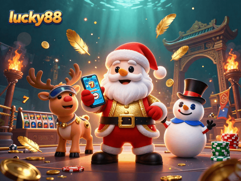 Win big with lucky88 featuring a festive scene of Santa, a reindeer dealer, and a poker chip snowman.
