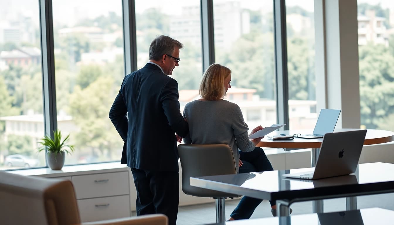 Engaging retirement planning San Antonio session with a professional advisor and clients in a bright office.