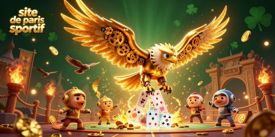 Plongez dans l'univers du site de paris sportif avec un aigle doré cybernétique et des éléments de jeu animés.