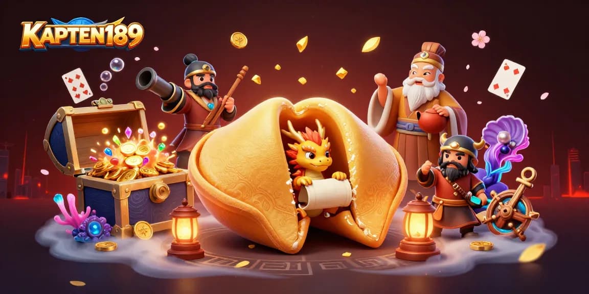 KAPTEN189 mempersembahkan ilustrasi kasino 3D menakjubkan dengan kue keberuntungan dan naga bijak.