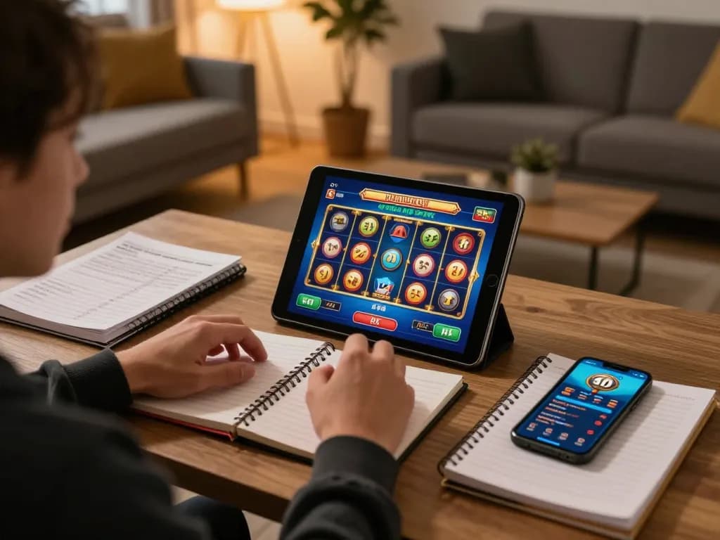 Engaging in online gaming by downloading apk slot bet 50 perak on a tablet in a cozy home.