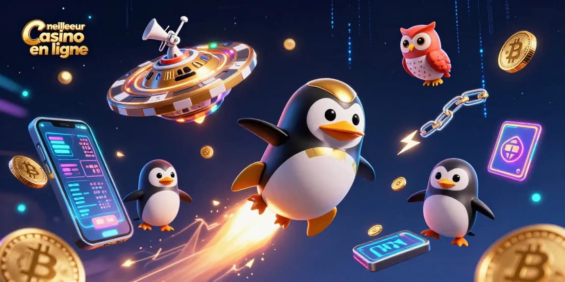 Jouez au meilleur casino en ligne avec un pingouin en or et des pièces brillantes dans l'espace.