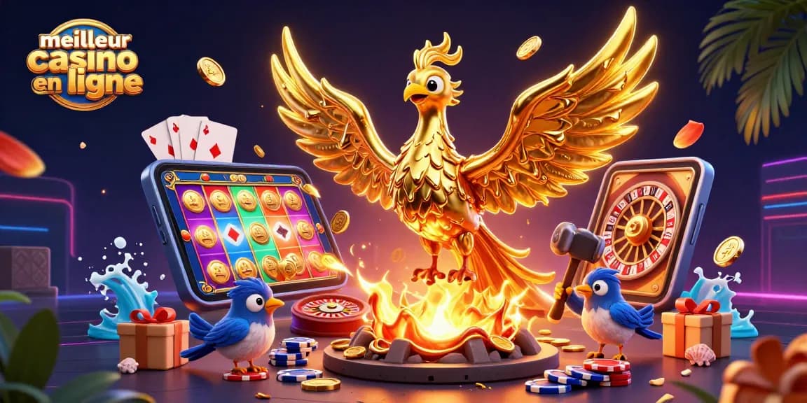 Illustration animée d'un phoenix doré représentant le meilleur casino en ligne avec des éléments de jeu.