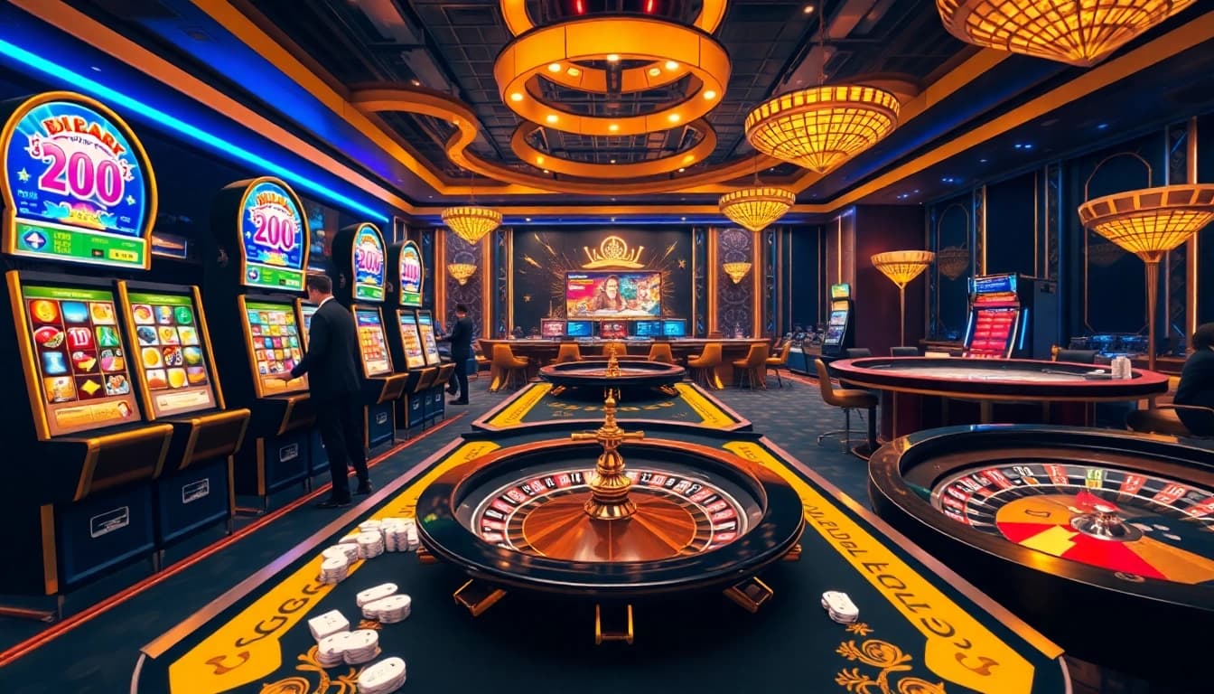 Tampilan antarmuka kasino online MABAR88 Link dengan mesin slot berwarna-warni dan meja poker.