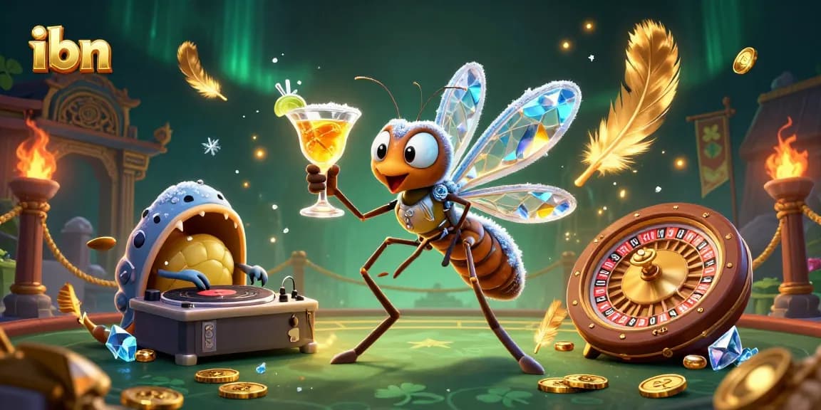 ibn casino mascot frozen in amber entertains players by spinning a golden roulette wheel and mixing cocktails.