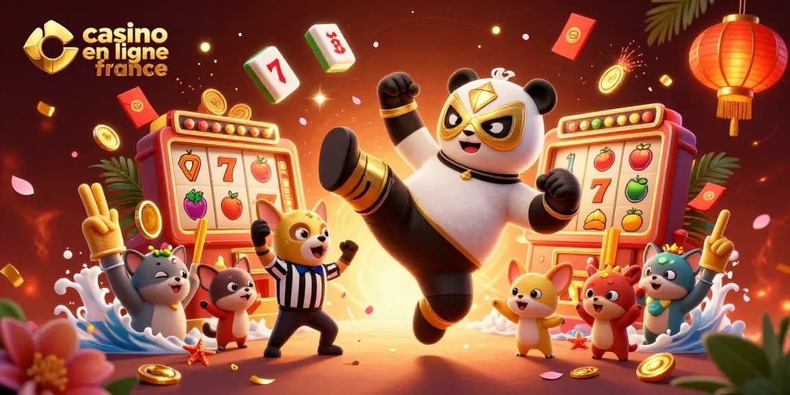 Célébrez le casino en ligne en France avec une illustration festive d'un panda lutteur et sa réplique chihuahua.