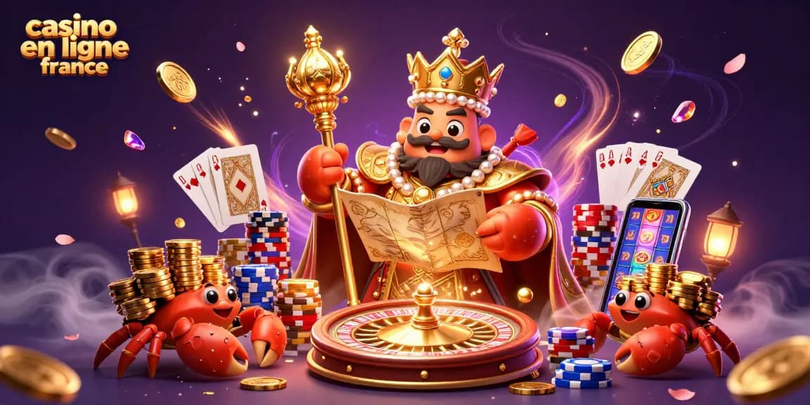 Illustrez le monde du casino en ligne France avec un crabe empereur en or captivant tenant des jetons et des trésors.