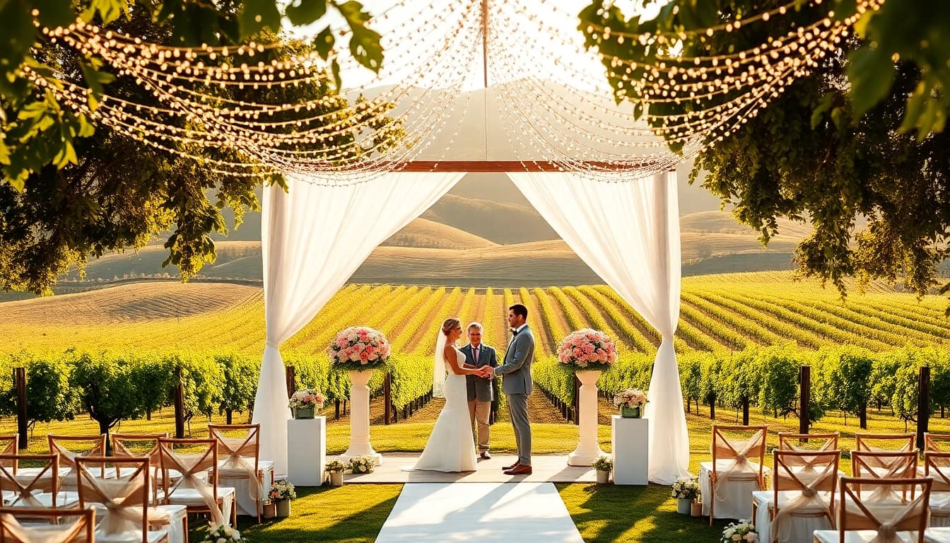 Romantic outdoor ceremony at wedding venues sacramento showcasing elegant decor and scenic vineyard backdrop.