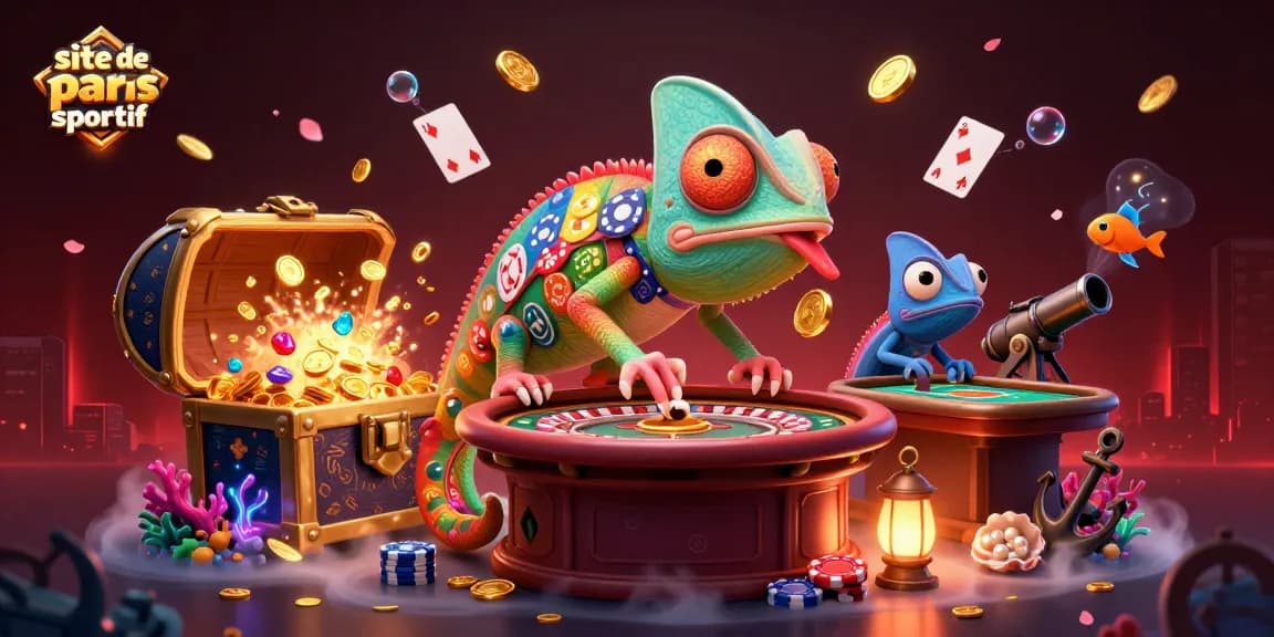 Plongez dans l'univers du site de paris sportif avec un caméléon propriétaire absorbant des pièces d'or entouré de trésors sous-marins.