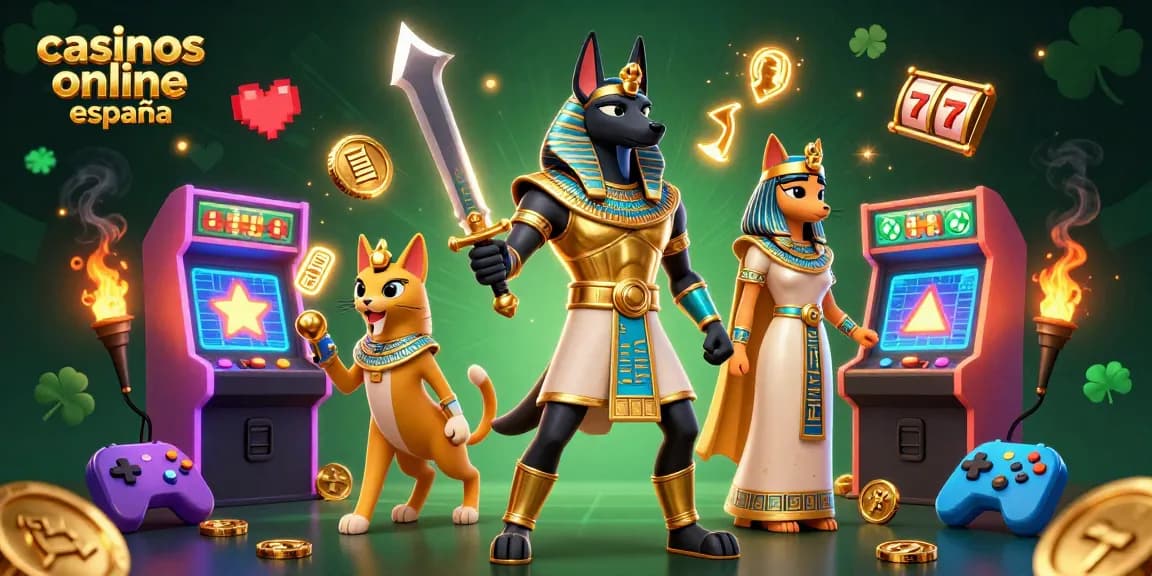 Disfruta de emocionantes juegos en los casinos online en España con guerrero Anubis rodeado de elementos vibrantes de juego.