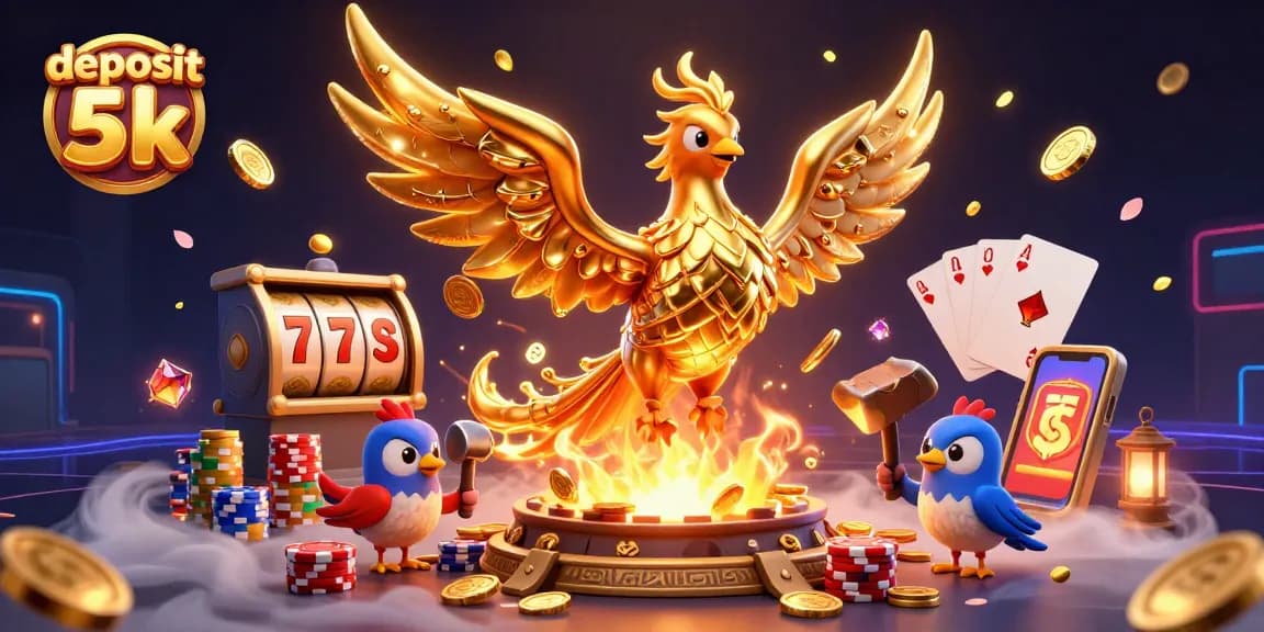 Experience the thrill of winning with deposit 5k at the dynamic golden casino illustration featuring slot reels and lucky charms.