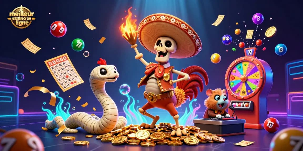 Profitez des jeux au meilleur casino en ligne avec un rooster mariachi dansant et des éléments de loterie en fête.