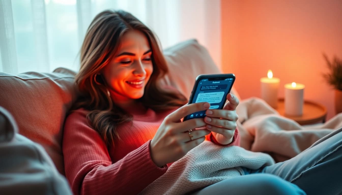 Engaging in ai sexting conversations with a friendly AI chatbot in an intimate setting.