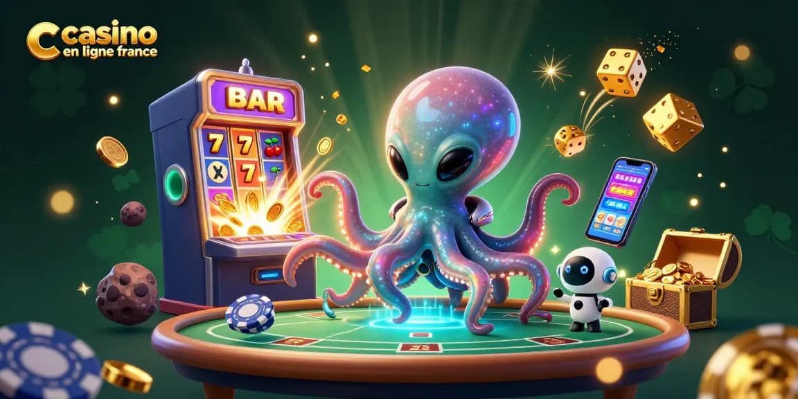 Jouer à des jeux captivants sur le casino en ligne France avec une illustration d'un octopus extraterrestre et un robot.