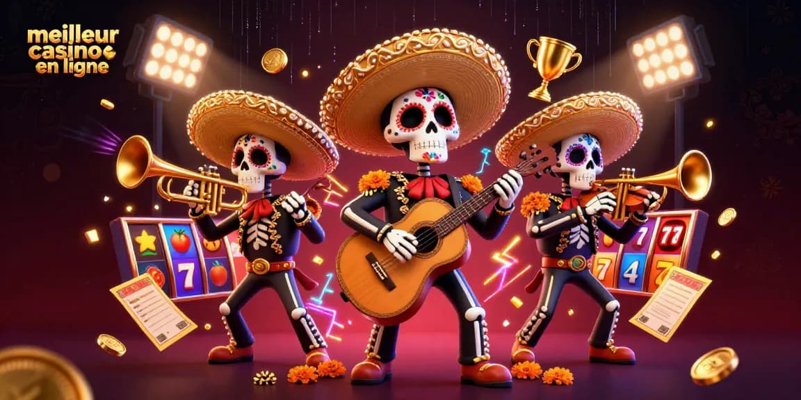 Jouez au meilleur casino en ligne avec une illustration colorée de mariachi et des symboles de machines à sous.