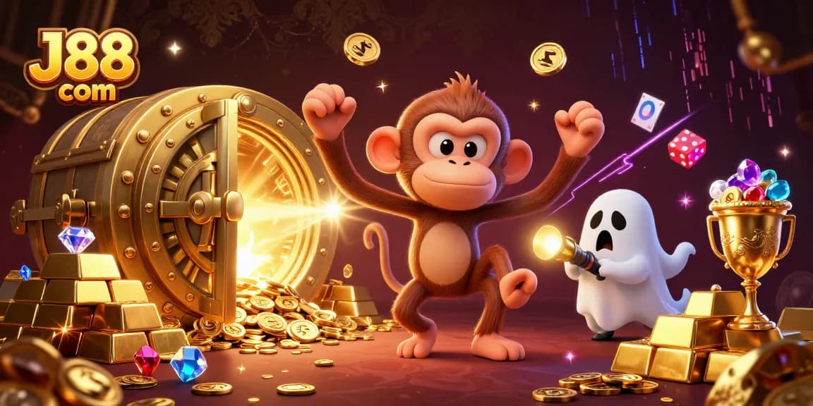 Experience thrilling casino adventures with J88 com as a playful ghost monkey juggles gold!