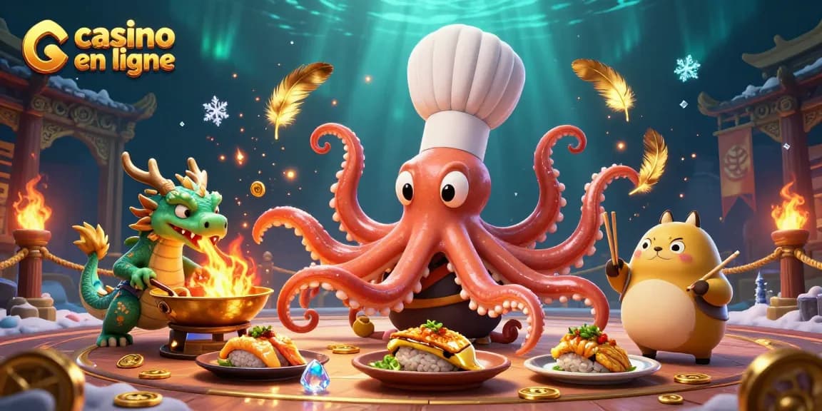 Jouer au casino en ligne avec un chef sushi pieuvre, un dragon et un tanuki, entouré de pièces d'or.