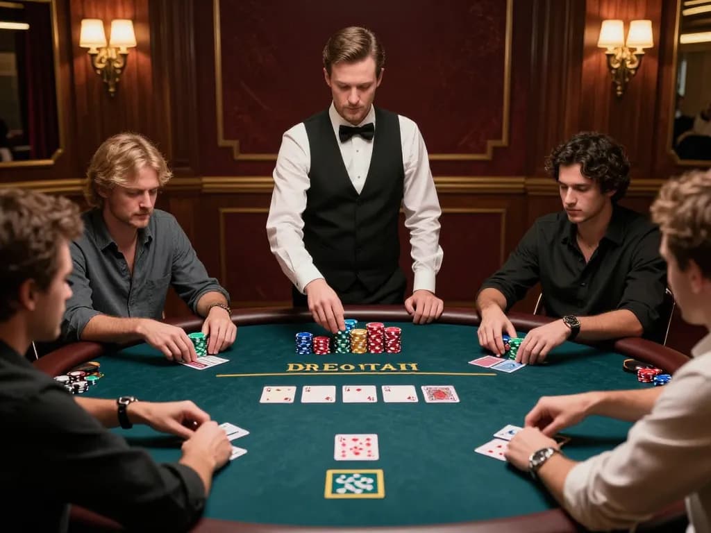 Players strategizing at a high-stakes poker table in a situs slot gacor atmosphere