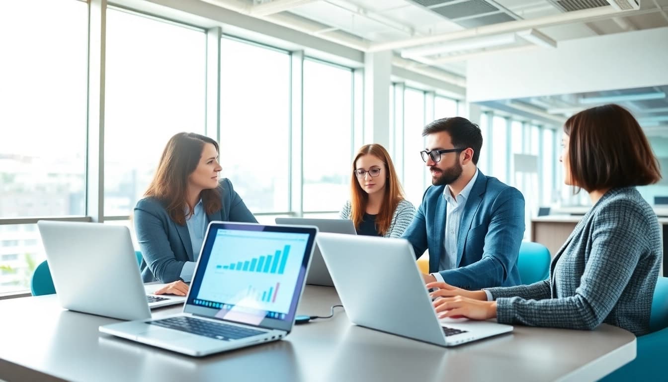 Find competitor pricing strategies with analysis tools and teamwork in a bright office.