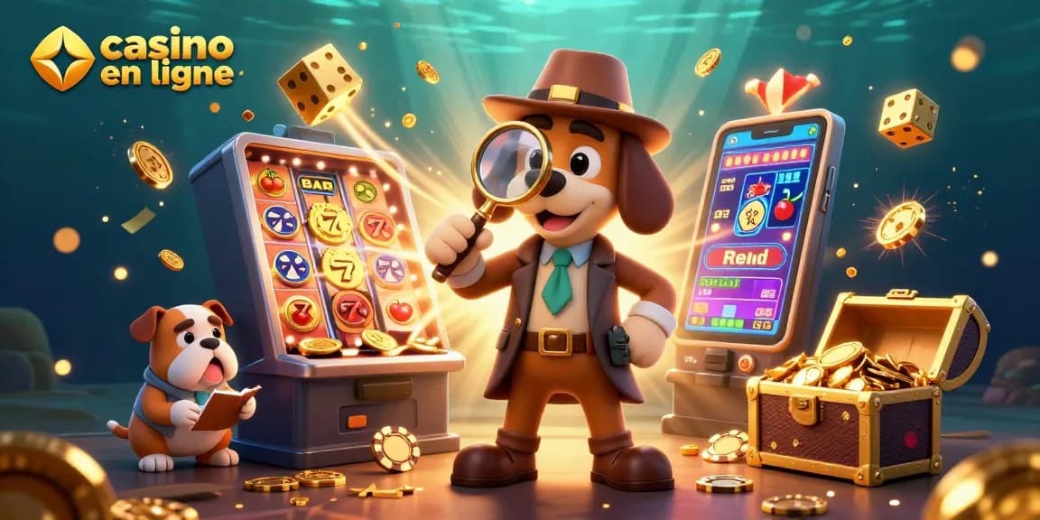 Une illustration 3D dynamique montrant un détective et son compagnon dans un contexte de casino en ligne, explorant des indices.