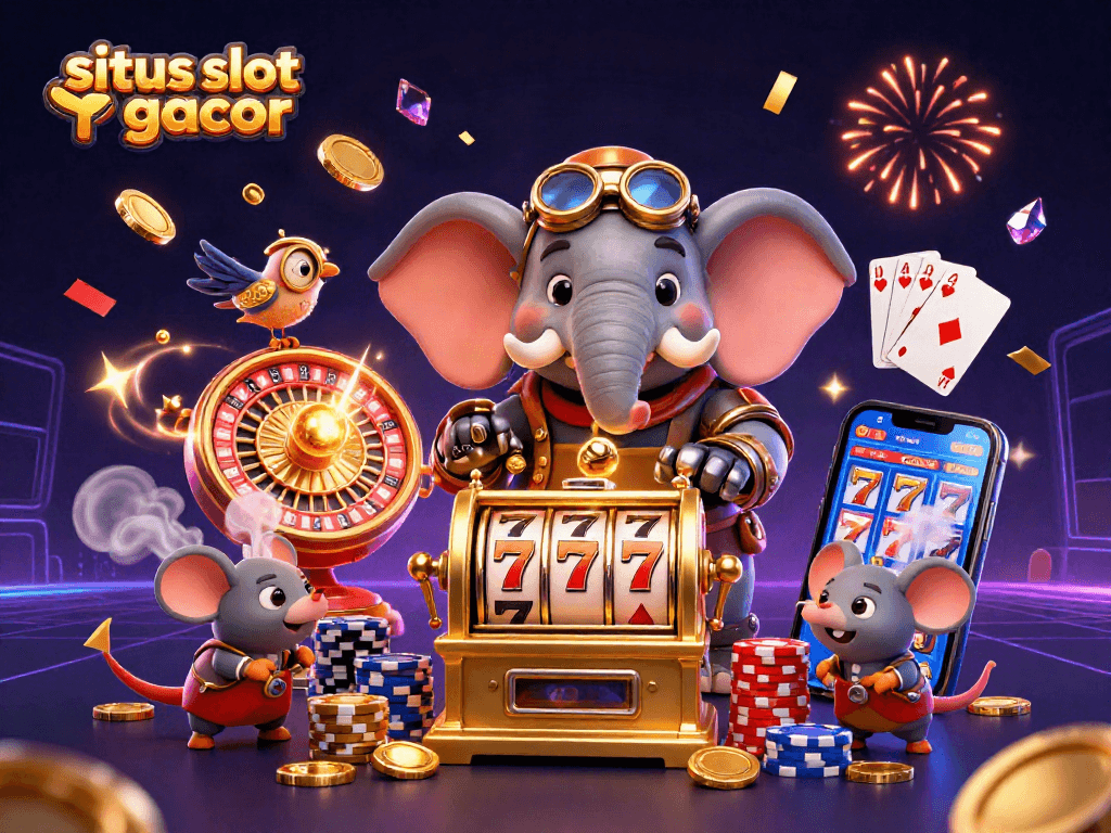 situs slot gacor showcases a steampunk elephant engineer operating a golden slot machine amidst a vibrant casino atmosphere.