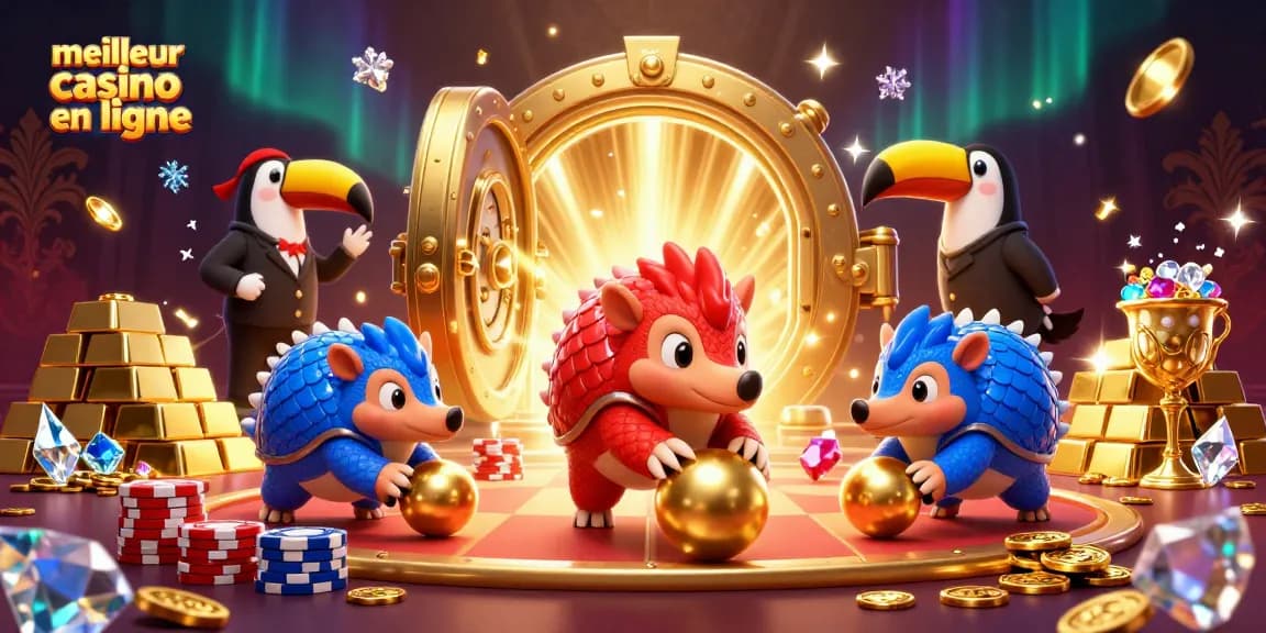 Visualisez le meilleur casino en ligne avec des pangolins rivaux jouant dans un monde de richesses.