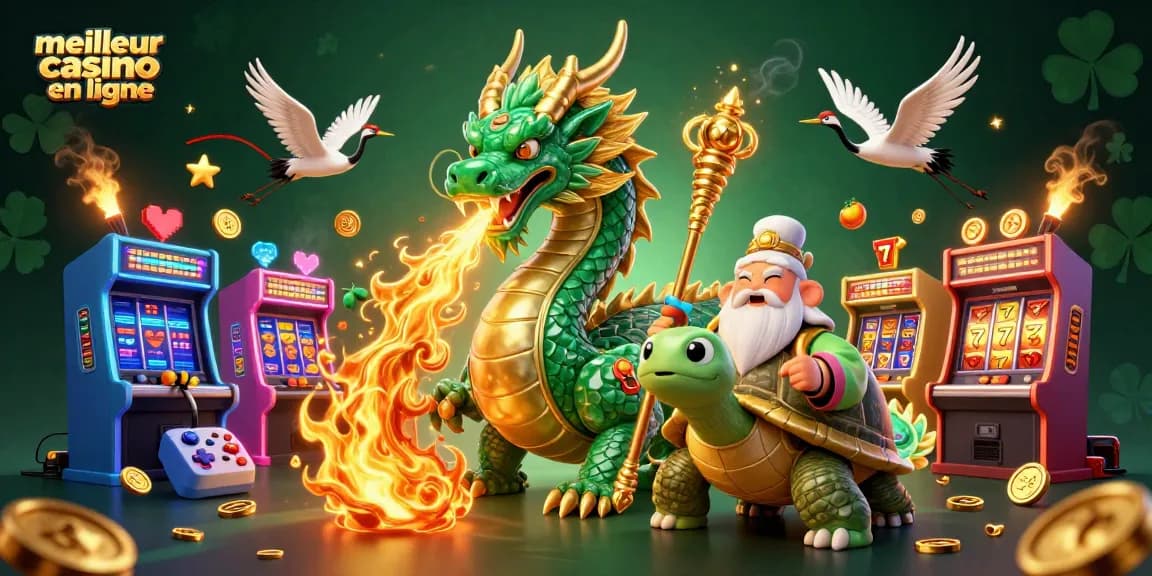 Jouer dans le meilleur casino en ligne avec un dragon de jade et une tortue sage au centre d'une scène dynamique.