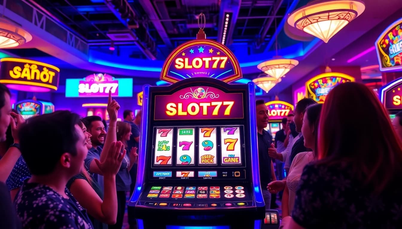 Mencoba Slot77 dengan penuh semangat di kasino yang cerah dan ramai.