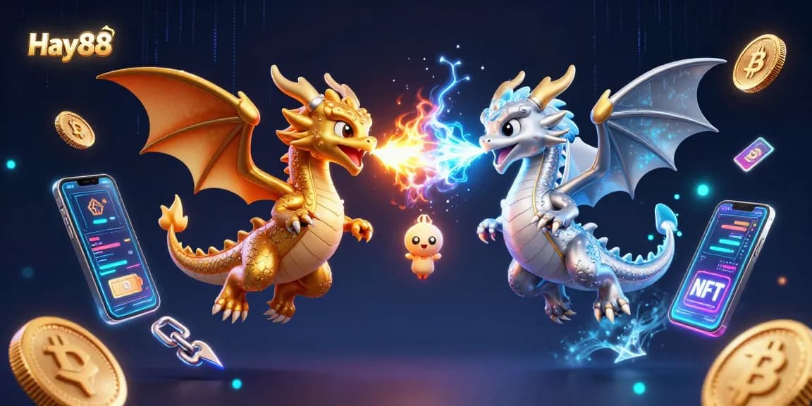 Experience the thrill with Hay88 as dragons soar amidst crypto coins in a vibrant casino scene.