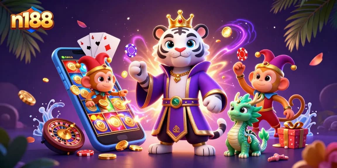 Experience thrilling gaming at n188 with a vibrant scene of a royal tiger, playful monkey, and jade dragon among casino elements.