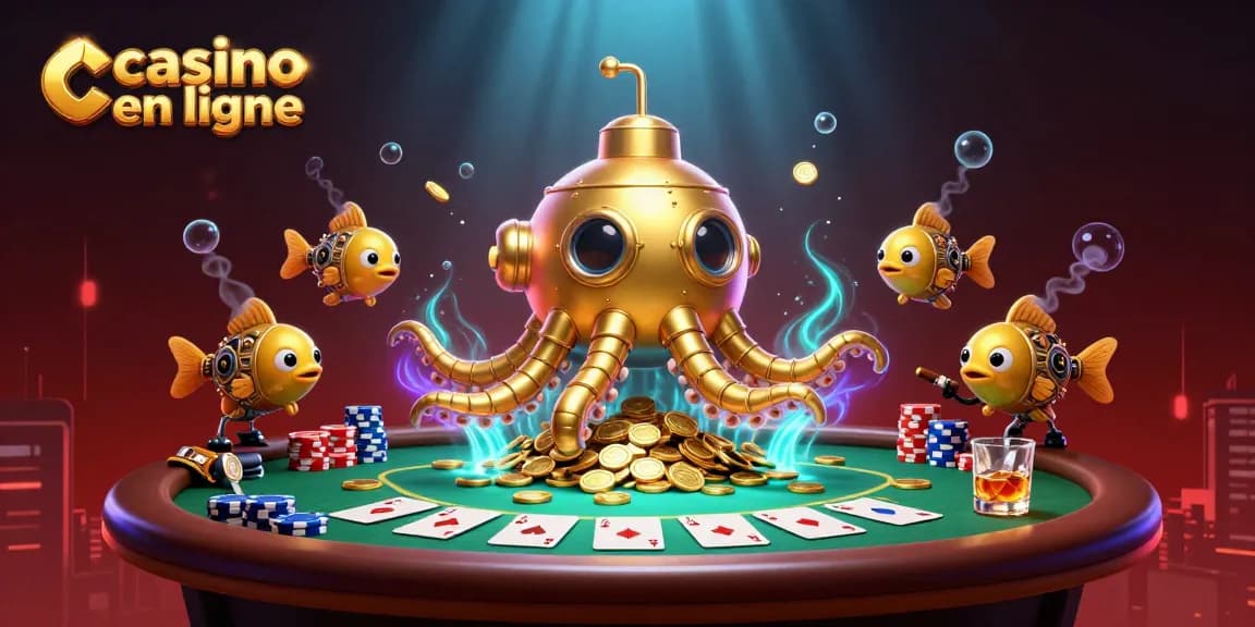Plongez dans le monde du casino en ligne avec cette scène captivante de poker et un kraken doré.