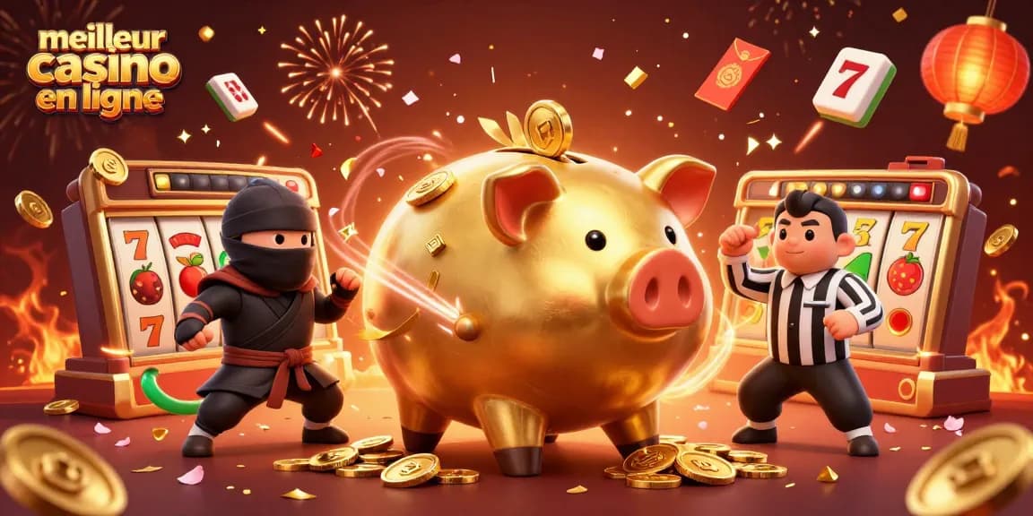 Illustration dynamique du meilleur casino en ligne avec un sumo en cochon, des pièces d'or et des éléments de jeu.