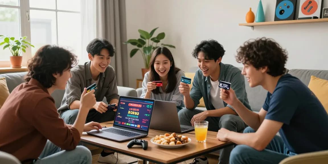 Group of friends enjoying strategies for credit card casinos in vibrant living room setting