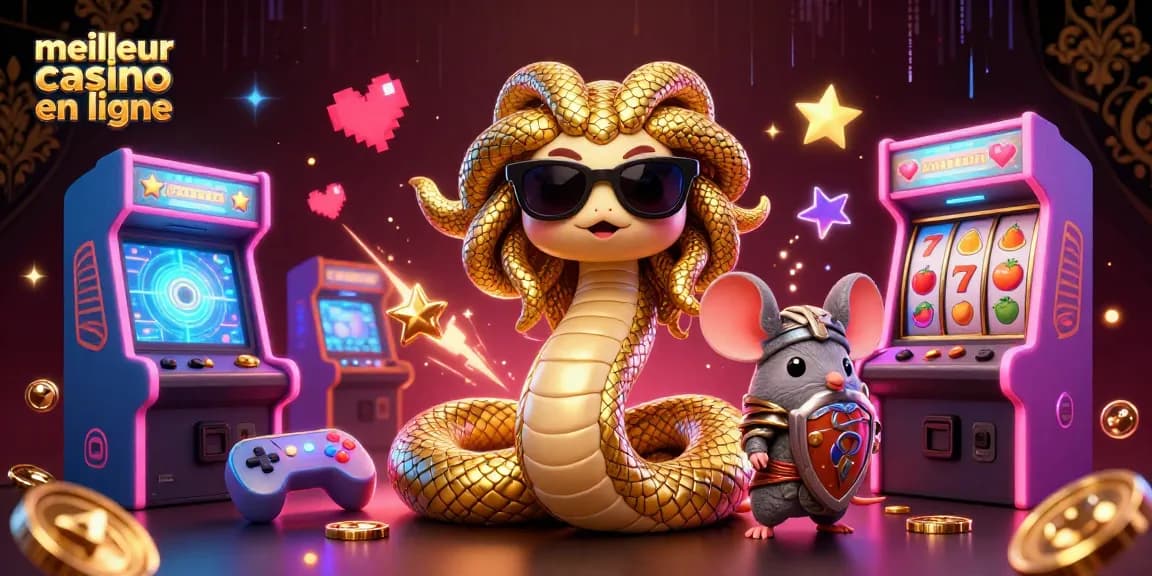 Jouez au meilleur casino en ligne avec Medusa et un guerrier souris dans une scène animée avec des machines à sous.