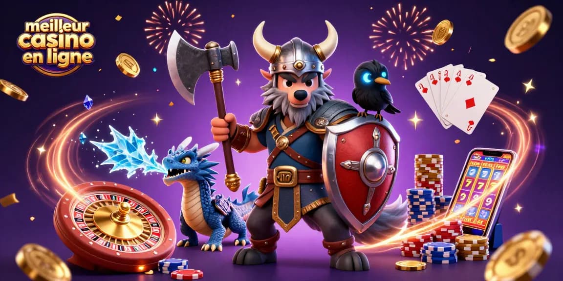 Gagnez au meilleur casino en ligne avec un guerrier Viking et un dragon dans une scène épique.