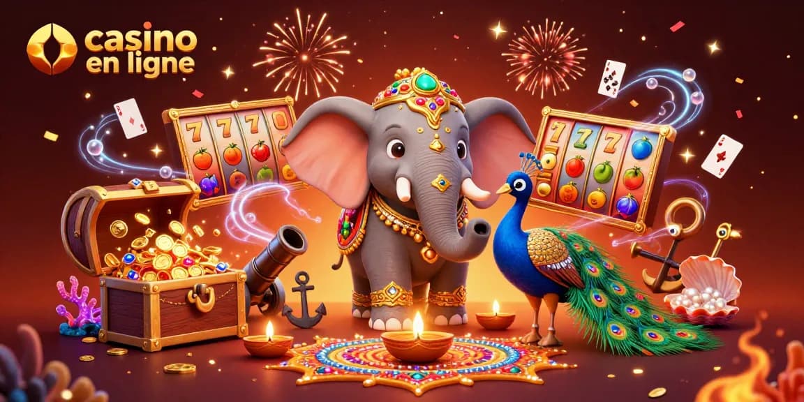 Jouez au casino en ligne avec un éléphant coloré et des éléments de jeu ajoutés, illustrant la diversité des jeux.