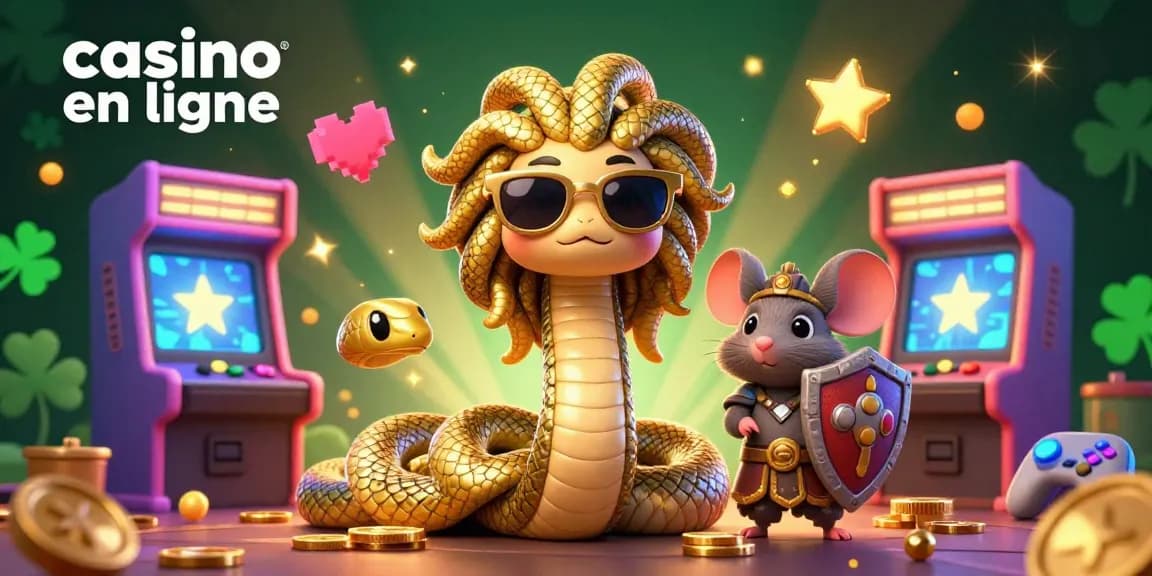 Célébrez l'excitation des jeux au casino en ligne avec Medusa et un guerrier souris en scène animée.