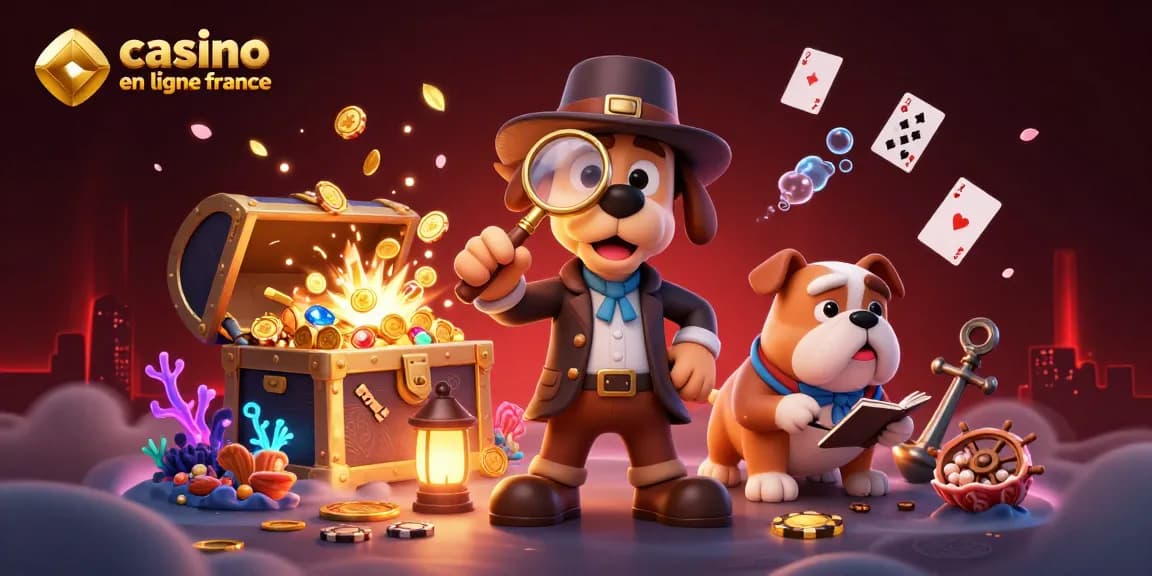 Visualisez une scène dynamique de casino en ligne France avec un détective cartoon et des éléments de jeu captivants.