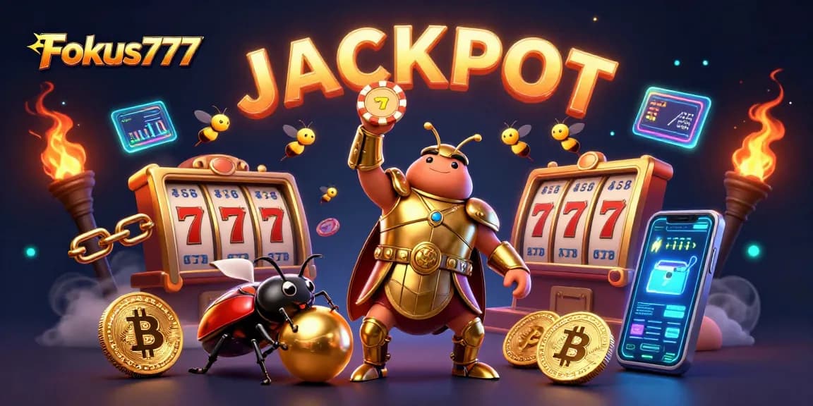Engage with Fokus777 as the cartoon hercules beetle leads a jackpot-winning scene in a vibrant casino!