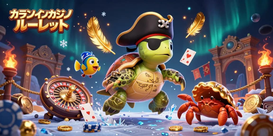 オンラインカジノ ルーレットをテーマにした3Dカートゥーンイラスト、ルーレットホイールとプレイングカードを浮かべた海の冒険シーン