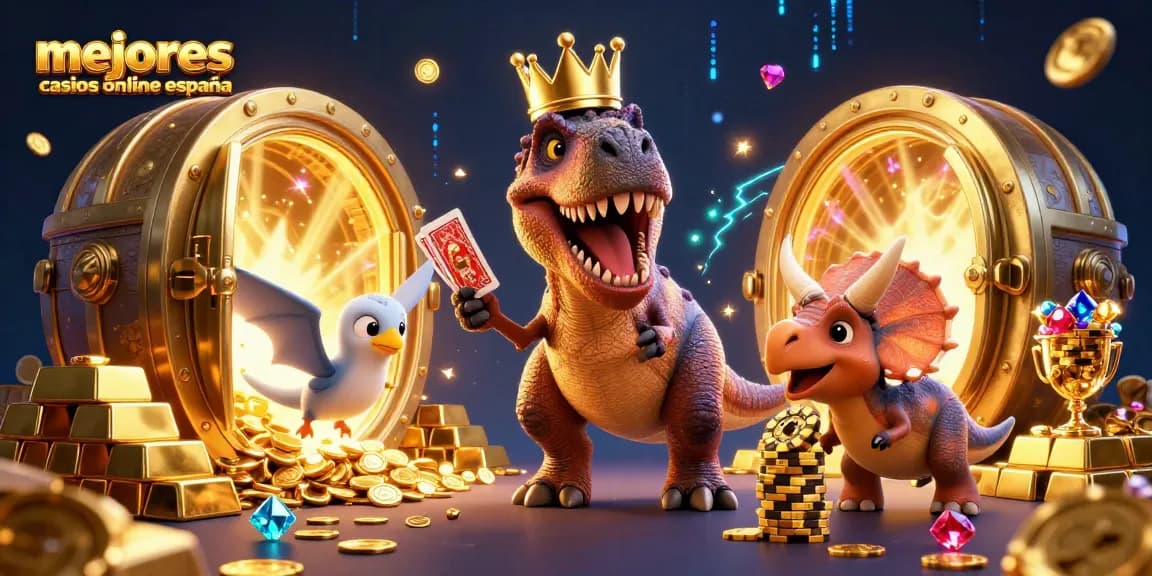 Ilustración y diversión en los mejores casinos online España con un T-Rex jugando cartas y un triceratops apilando fichas.