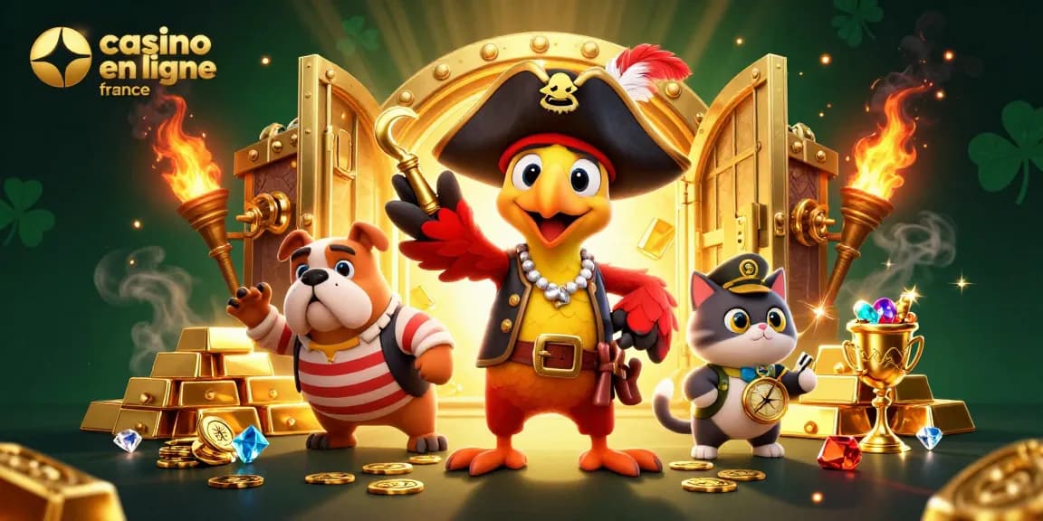 Découvrez une scène captivante de casino en ligne France avec un pirate, un bulldog et un chat, entourés de trésors.