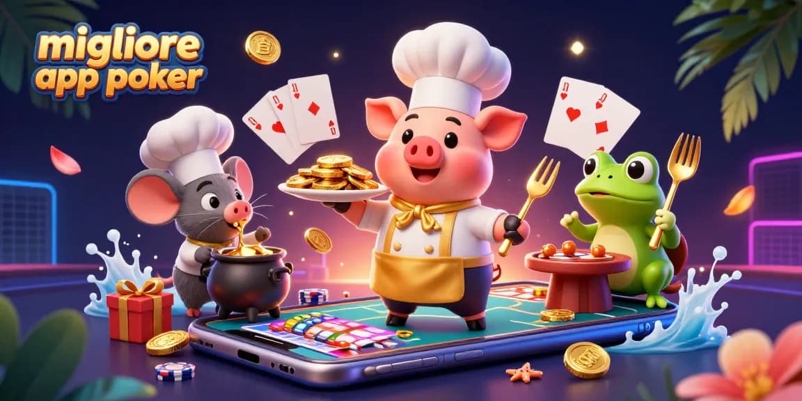 Gioca con le migliori app poker, osservando un chef che serve monete d'oro in un ambiente di gioco vibrante.