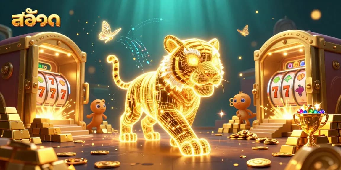 Engage with สล็อต in a vibrant digital casino landscape featuring a neon wireframe tiger and slot elements.