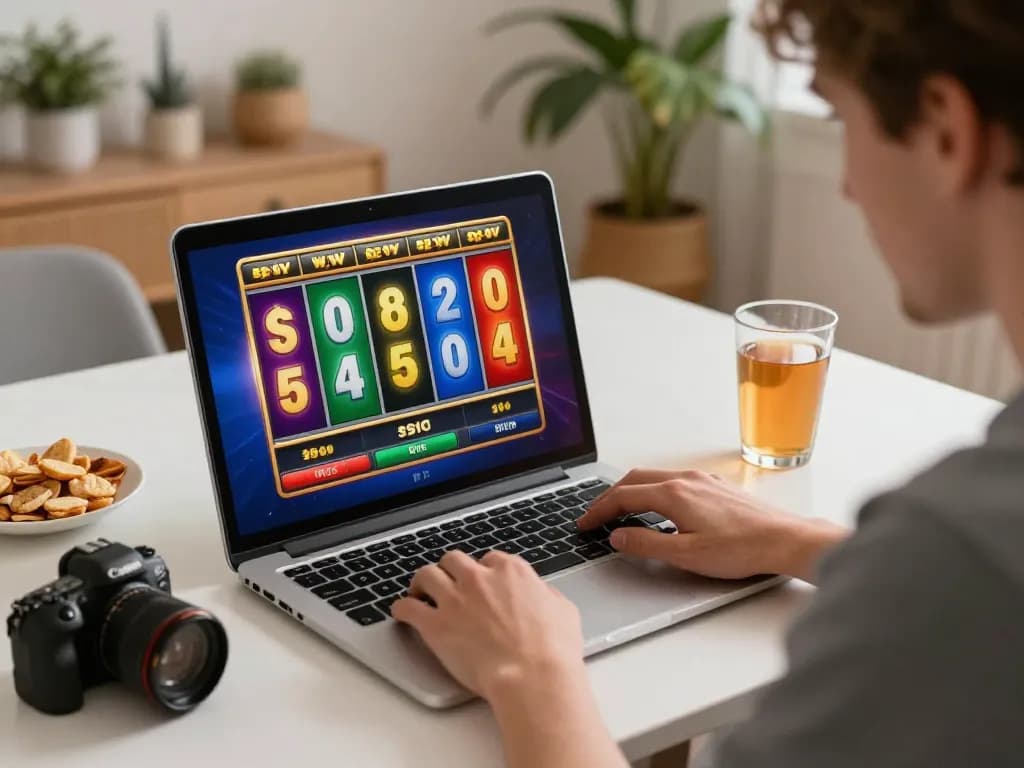 Engaging in online slot server kamboja gameplay on a laptop at home, with exciting win notifications.