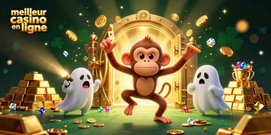 Vivez l'excitation du meilleur casino en ligne avec un singe poltergeist invisible jonglant des jetons d'or dans une scène animée.